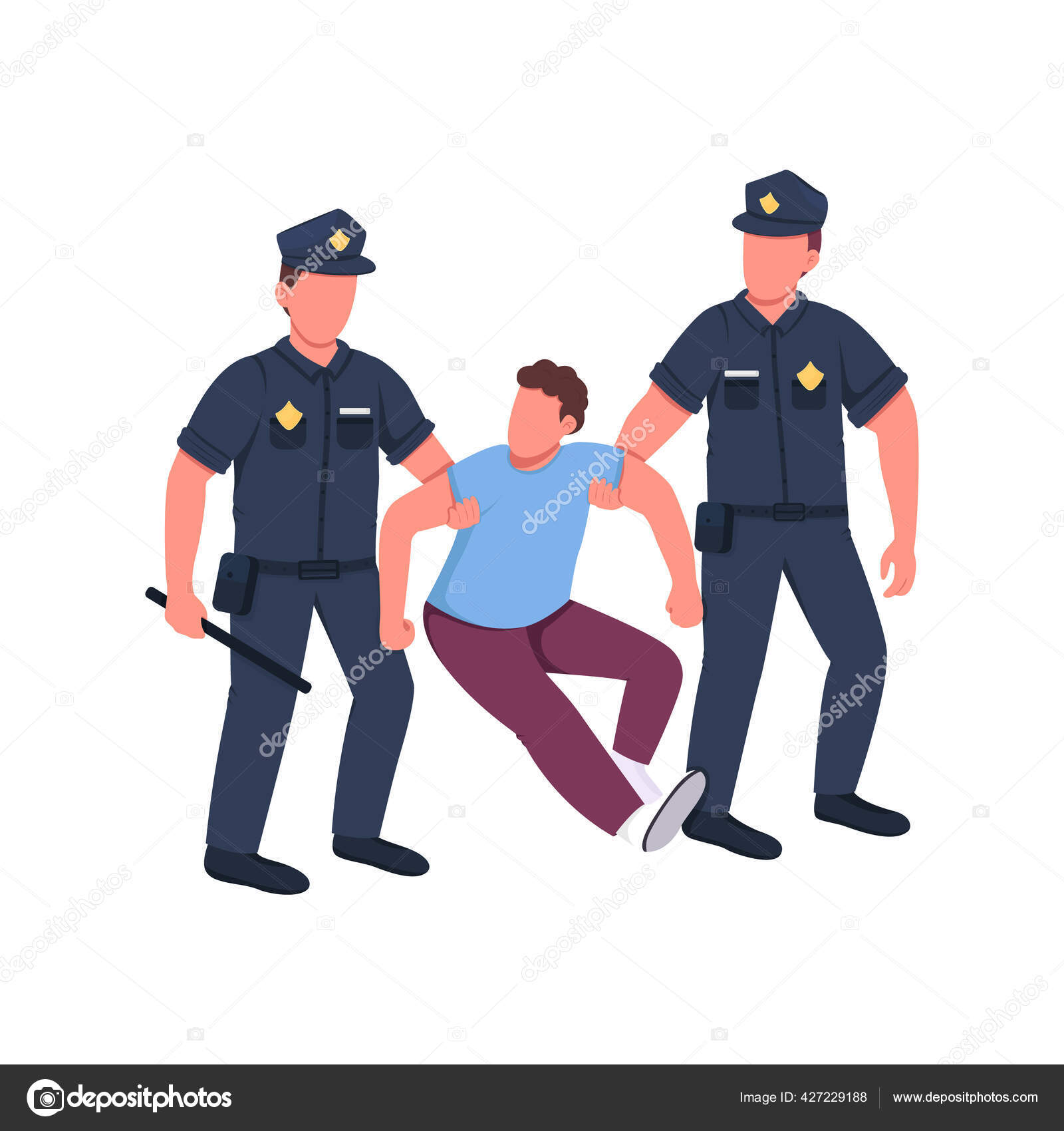 Police arresting criminal flat color vector faceless characters